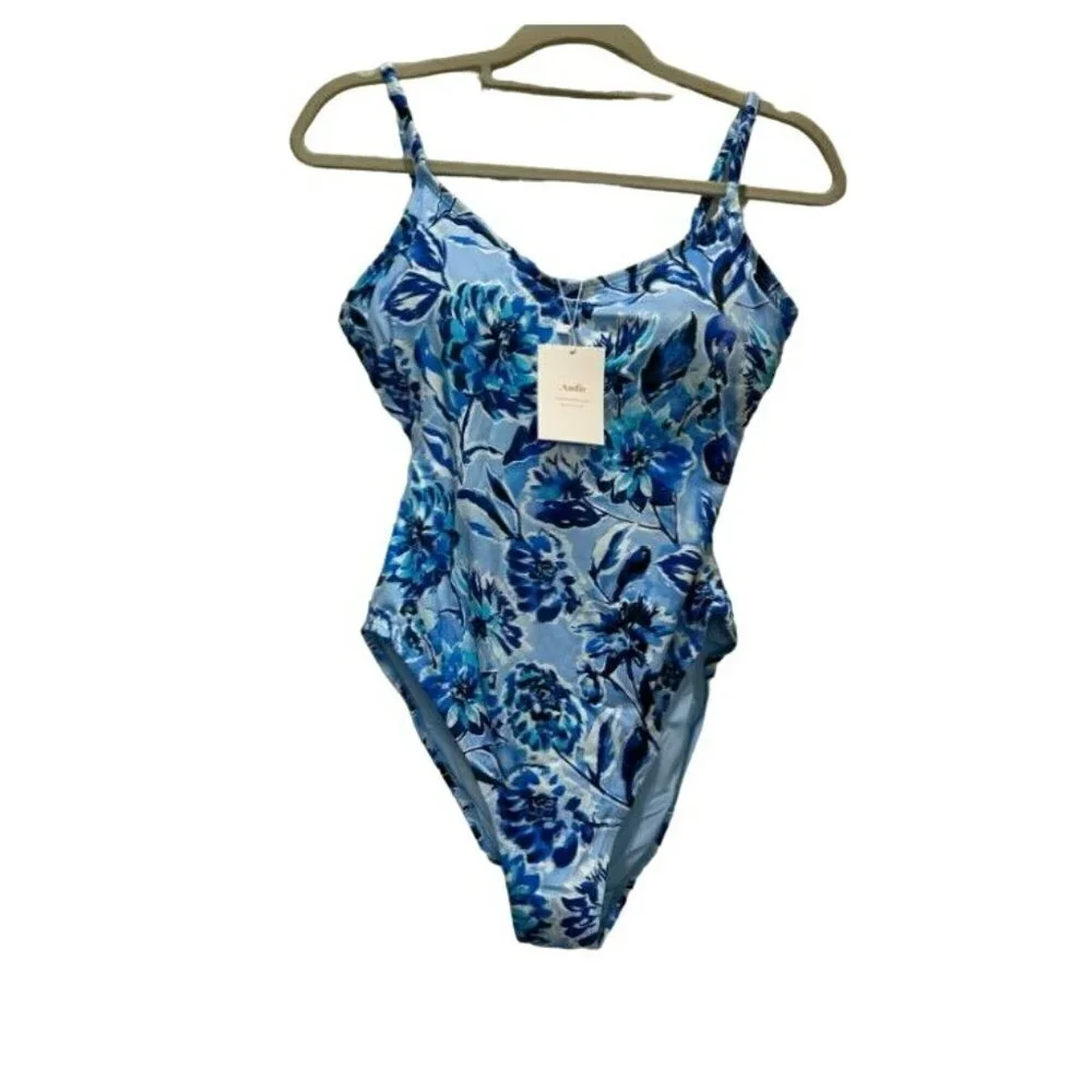 Andie Swim The Amalfi One Piece Swimsuit Bathing Suit Blue Floral‎ Size Large